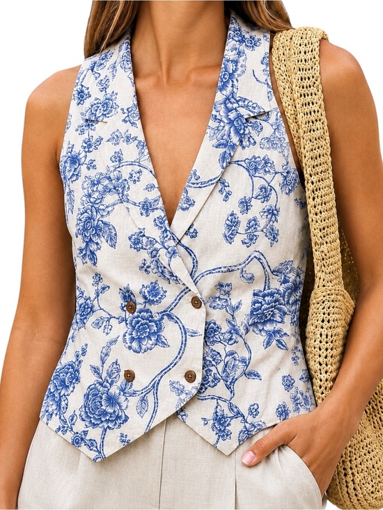 Mango Tops - MANGO Floral Toile de Jouy Blue & Ivory Halter Tailored Waistcoat Vest XS